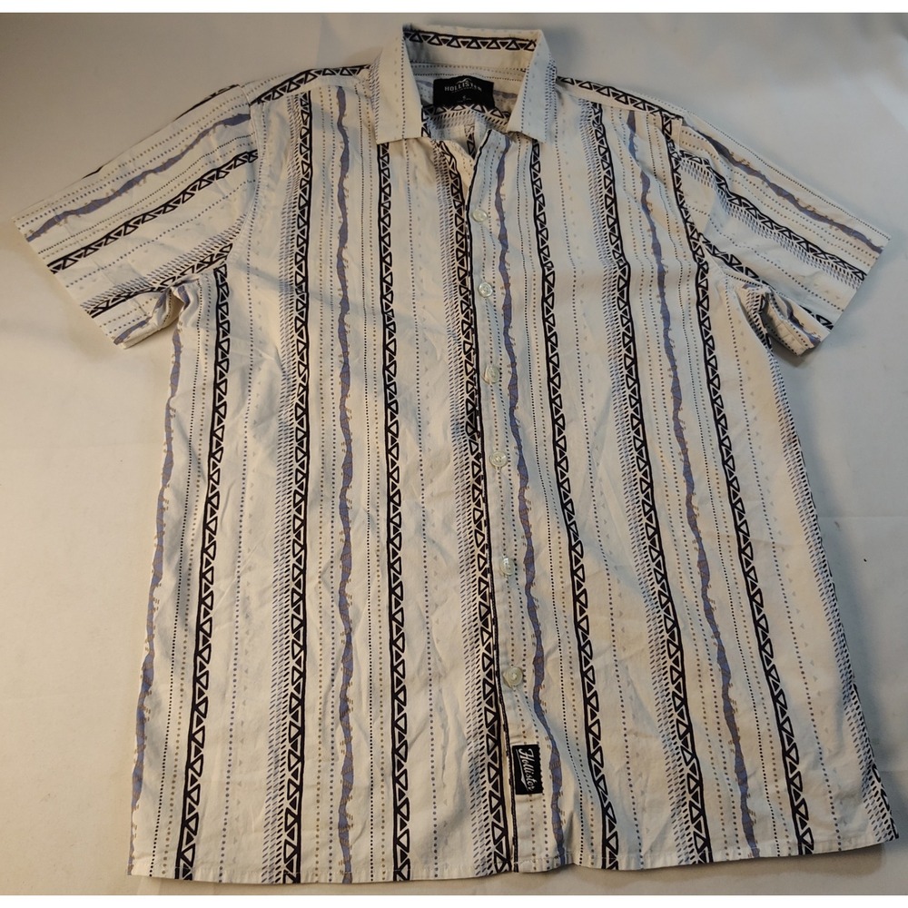 Hollister Mens Small White Blue Geometric Tribal Stripe Short Sleeve Button Up